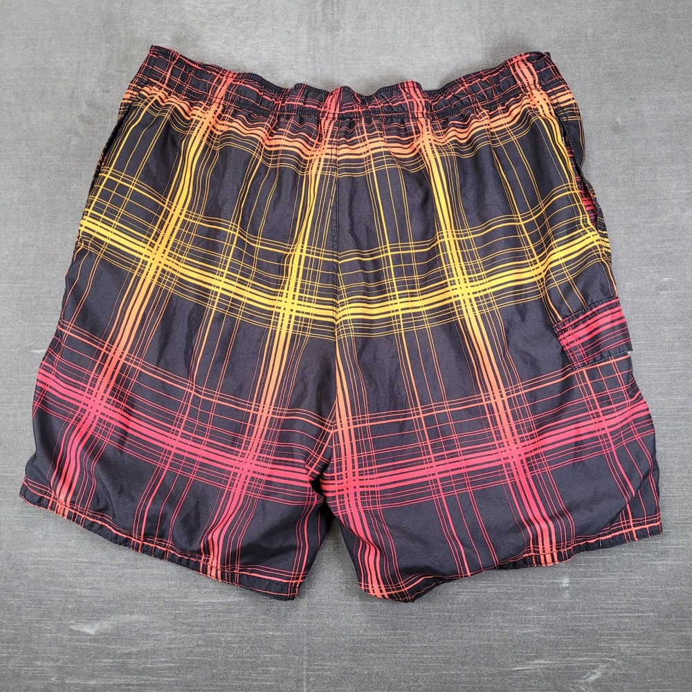 OP‎ Mens 2XL Y2K Swim Trunks Black Red Orange Yellow Plaid Board Shorts 44-46